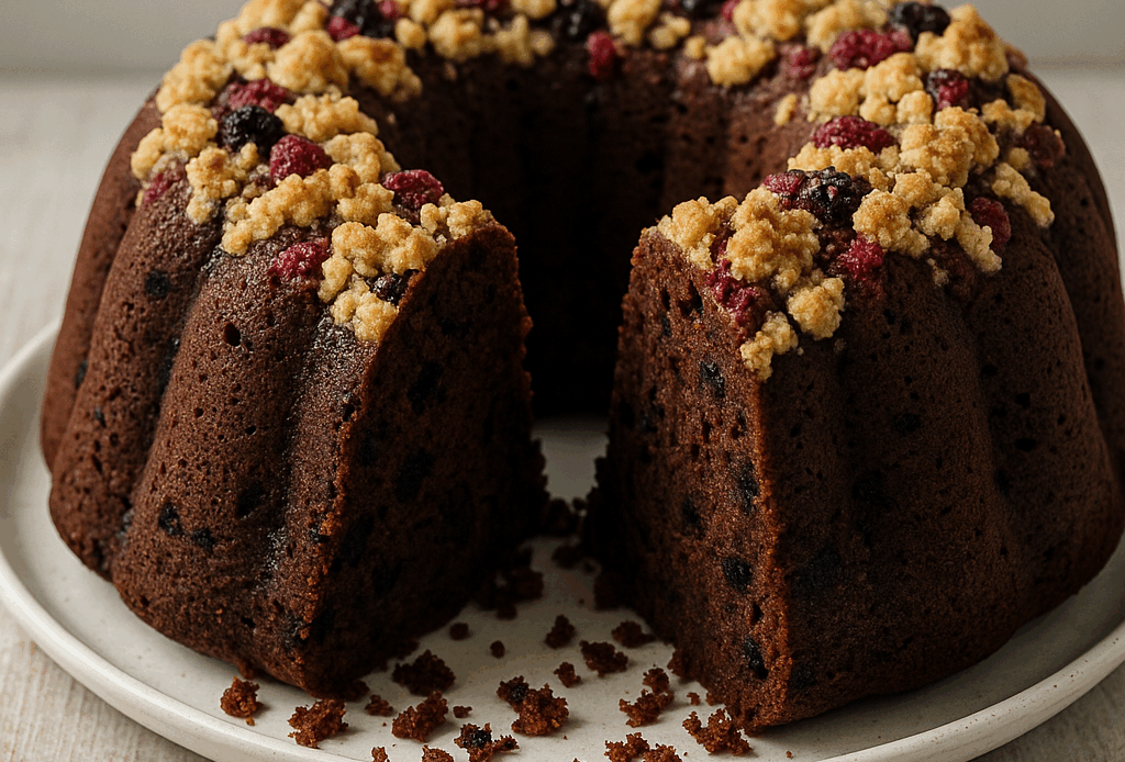Ciambella al cioccolato con crumble ai frutti di bosco su piatto rustico, vista dall’alto