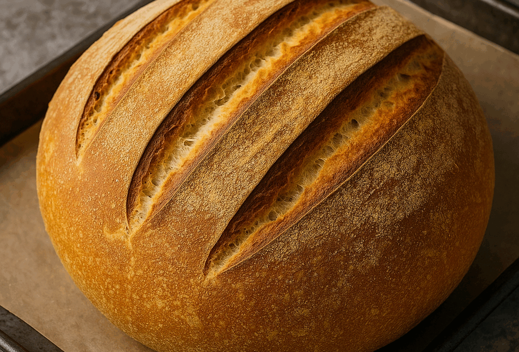 Pane del Mezzogiorno con crosta dorata e spessa, realizzato con semola rimacinata, lievito fresco e lunga lievitazione