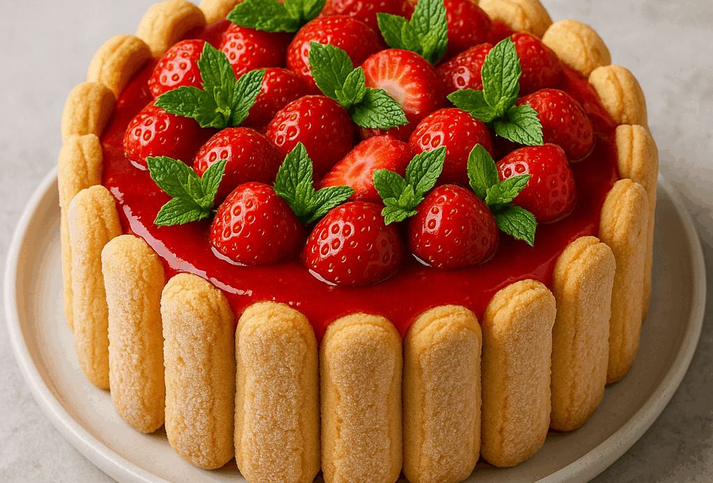 Fetta di torta fragole e menta decorata con foglioline fresche e fragole lucide