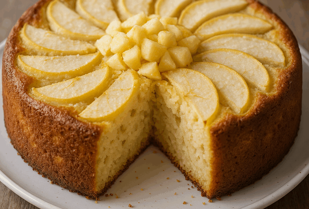 torta di mele e ricotta soffice decorata con fettine di mela a raggiera